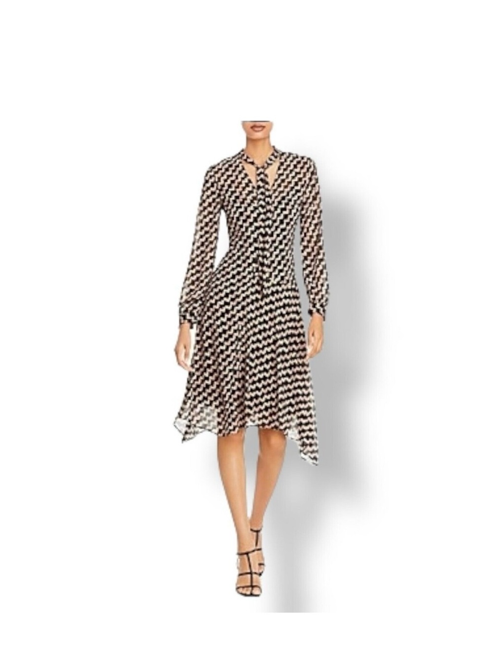 Theory Linden Tie Neck Brown Black Geometric Handkerchief Hem Dress 2